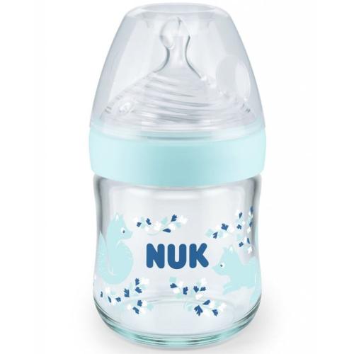 Nuk Nature Sense Glass Bottle Silicone Small Γυάλινο Μπιμπερό με Δείκτη Ελέγχου Θερμοκρασίας & Θηλή Σιλικόνης Από την Γέννηση 120ml - Γαλάζιο